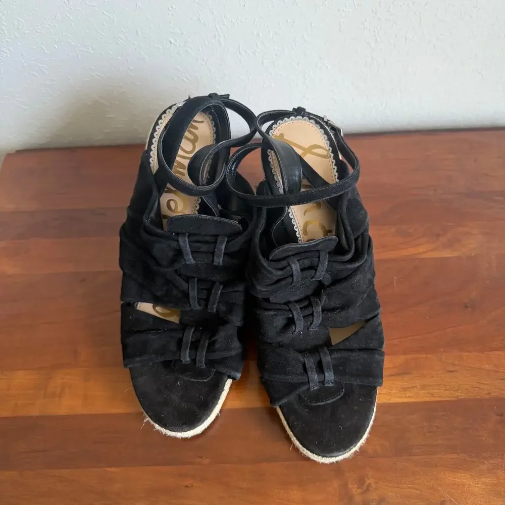 Sam Edelman Awan Black Suede Leather Espadrille Wedge Strappy Sandal Womens 8
